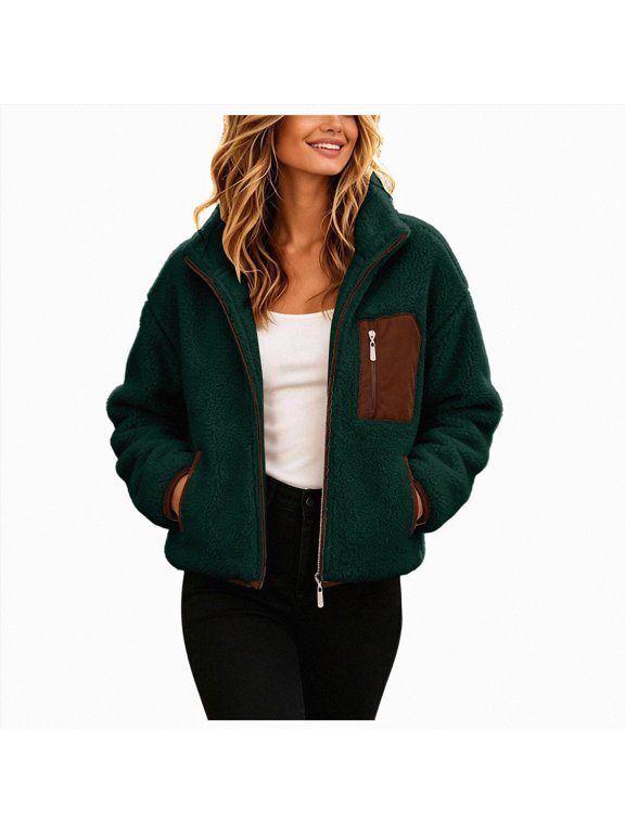 Faux Shearling Jacket Women Casual Zip Up Warm Fall Winter Shacket, Cozy Outerwear for Cold Weather (Dark Green, M)