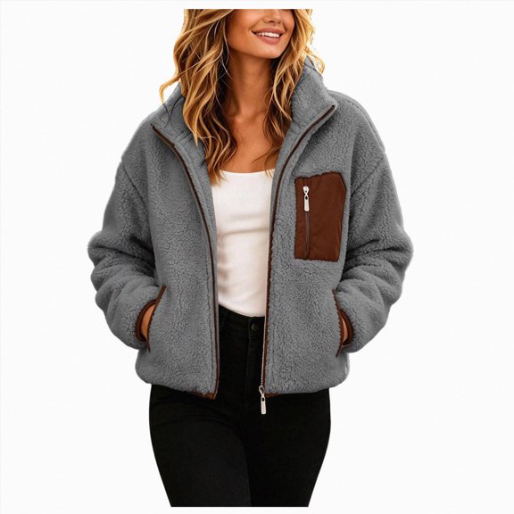 vigerkar Faux Shearling Jacket Women Casual Zip Up Warm Fall Winter Shacket, Cozy Outerwear for Cold Weather (Grey, XXL)