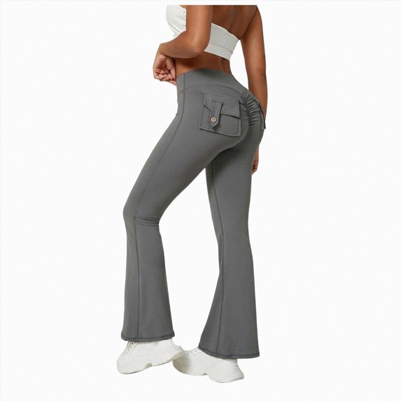 vigerkar Flare Leggings with Pockets for Women, Scrunch Detail High Waisted Buttery Soft Contouring Seam Yoga Pants (Dark Gray, XL)
