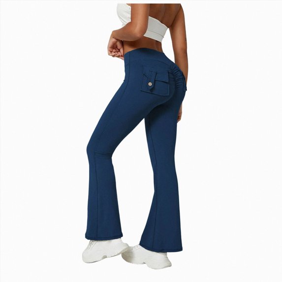vigerkar Flare Leggings with Pockets for Women, Scrunch Detail High Waisted Buttery Soft Contouring Seam Yoga Pants (Navy, L)