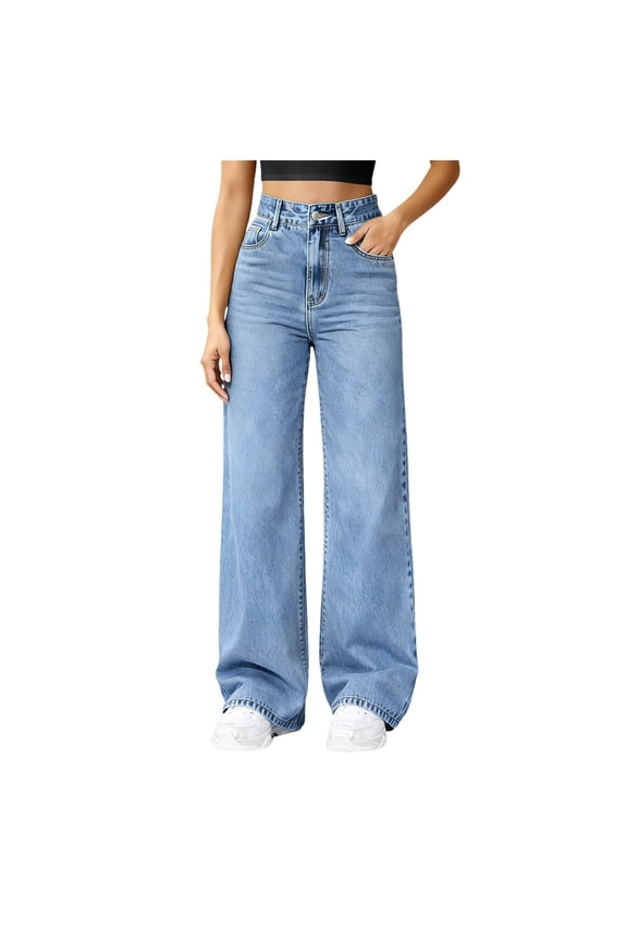 Fleece Lined Straight Leg Jeans for Women,High Waisted Wide Leg Loose Microelastic Boyfriend Denim Pants (Light Blue, L)