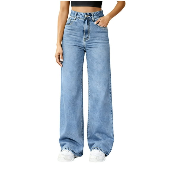 vigerkar Fleece Lined Straight Leg Jeans for Women,High Waisted Wide Leg Loose Microelastic Boyfriend Denim Pants (Light Blue, XXL)