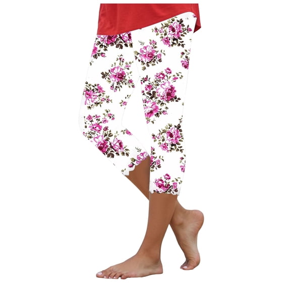 vigerkar Floral Capri Leggings for Women Knee Length Yoga Workout Capri Leggings Tummy Control Stretch Comfy Tights (Pink, L)