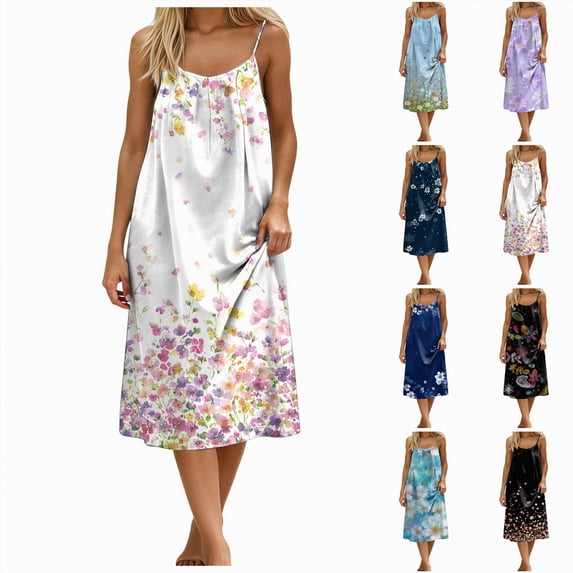 vigerkar Floral Mini Dresses for Women 2026 Summer Spaghetti Strap Flowy A Line Bow Tie Dress Beach Vacation Short Sundress (Light Blue, L)