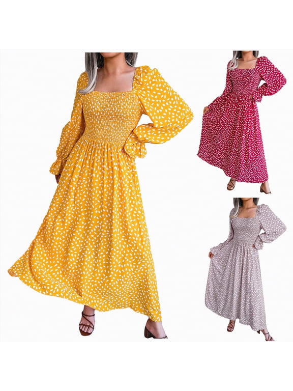 Floral Print Womens Dress Long Puff Sleeve Square Neck Ruffle Hem Casual Swing Dresses (Red, M)