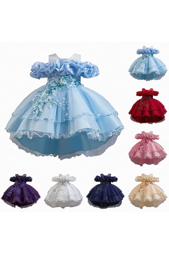 Flower Girl's Long Dress Kids Lace Princess Puff Dress Wedding Birthday Party Dress (Rose Gold, 2-3 Years)