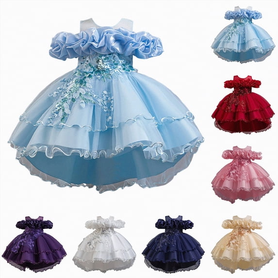 vigerkar Flower Girl's Long Dress Kids Lace Princess Puff Dress Wedding Birthday Party Dress (White, 2-3 Years)