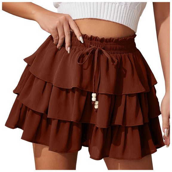 vigerkar Flowy Shorts Women Ruffle Skorts Tiered Teen Girls Country Concert Outfits Golf Tennis Skort Under Sweater Skirt (Brick Red, S)