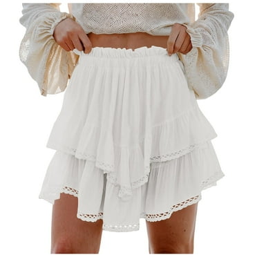 vigerkar Flowy Shorts for Women Casual Boho Ruffle Tiered Skorts High Waist Mini Skirts Golf Tennis Crochet Shorts White, S