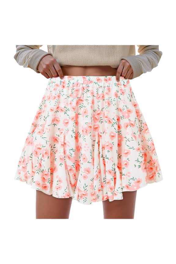 Flowy Skirt for Women Casual Boho Ruffle Tiered Skorts High Waist Mini Skirts White, L