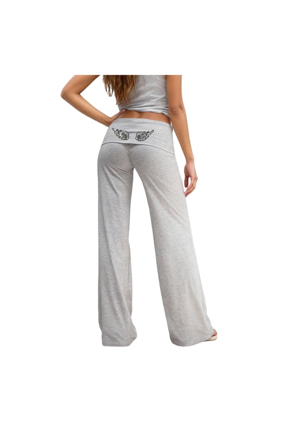 Fold Over Yoga Pants for Women Sequin Angel Wings Low Rise Straight Leg Sweatpants Y2k Stretchy Loose Gym Lounge Trousers (Grey, XS)