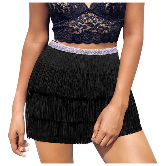 vigerkar Fringe Belly Skirt Sequin Tassel Dance Skirt Short Belly Hip Scarf Rave Party Skirts for Women Black, A