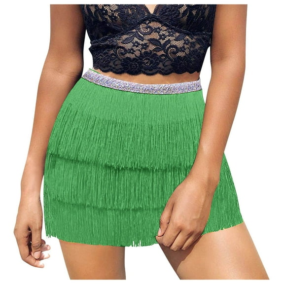 vigerkar Fringe Belly Skirt Sequin Tassel Dance Skirt Short Belly Hip Scarf Rave Party Skirts for Women Green, A