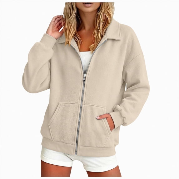 vigerkar Full Zip Up Sweatshirt Women No Hood Oversized Loose Casual Long Sleeve Collared Jacket 2026 Winter Clothes (Beige, S)