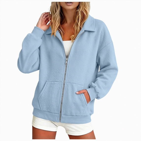 vigerkar Full Zip Up Sweatshirt Women No Hood Oversized Loose Casual Long Sleeve Collared Jacket 2026 Winter Clothes (Light Blue, S)
