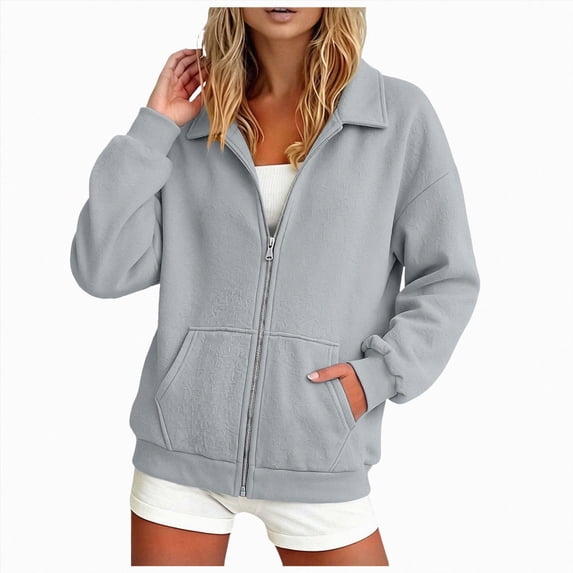 vigerkar Full Zip Up Sweatshirt Women No Hood Oversized Loose Casual Long Sleeve Collared Jacket 2026 Winter Clothes (Light Gray, S)