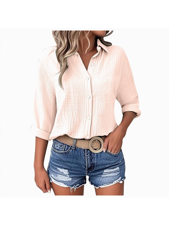 Gauze Shirts Women Summer Casual Loose 3/4 Sleeve Button Down Tops Textured Collared Work Blouses Vacation Clothes (Light Pink, XXL)