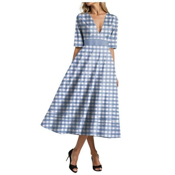 vigerkar Gingham V Neck Short Sleeve Dress for Women Summer Plaid Flowy Beach Vacation Midi Dresses Blue, M