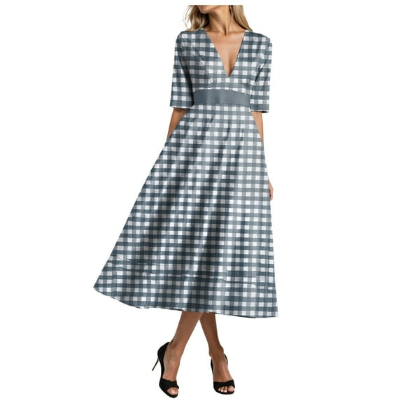 vigerkar Gingham V Neck Short Sleeve Dress for Women Summer Plaid Flowy Beach Vacation Midi Dresses Dark Blue, M