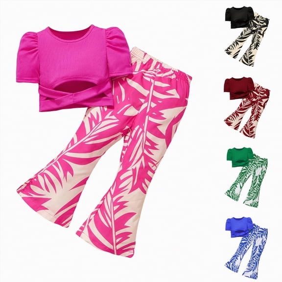 vigerkar Girl's 2 Piece Outfit Puff Sleeve Round Neck Top and Tropical Print Elastic High Waist Flared Pants Sets (Hot Pink, 4-5 Years)