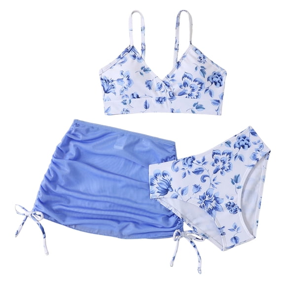 vigerkar Girl's 3 Piece Floral Swimsuit Cute V Neck Bikini Set High Waisted Bathing Suit with Cover Up Skirt (Blue, 13-14 Years)