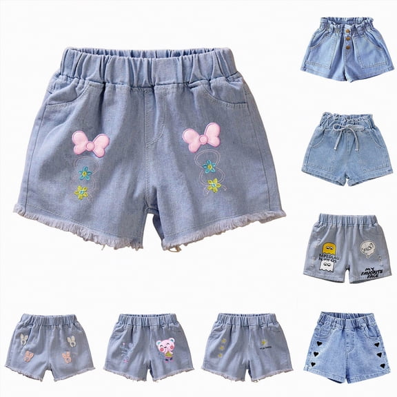 vigerkar Girl's Cutet Jean Shorts Print Elastic High Waisted Summer Beach Vacation Denim Shorts (Dark Blue, 4-5 Years)