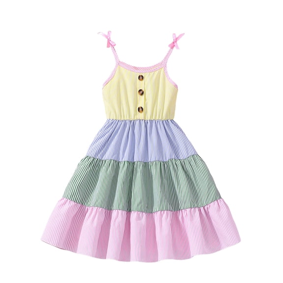 vigerkar Girl's Striped Color Block Bow Knot Ruffle Tiered A Line Short Cami Dress (Pink, 7-8 Years)