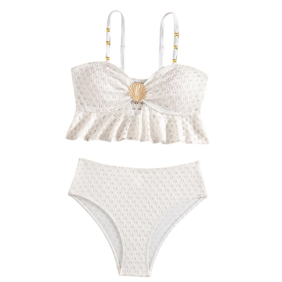 vigerkar Girl's Two Piece Metallic Shell Bikini Sets Cut Out Ruffle Top High Waist Hipster Swimsuit (White, 13-14 Years)