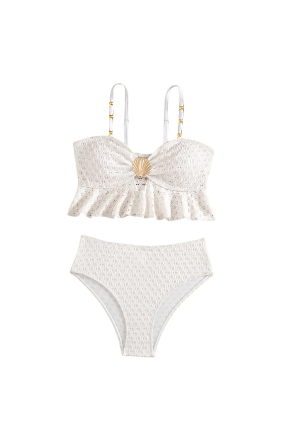 Girl's Two Piece Metallic Shell Bikini Sets Cut Out Ruffle Top High Waist Hipster Swimsuit (White, 9-10 Years)