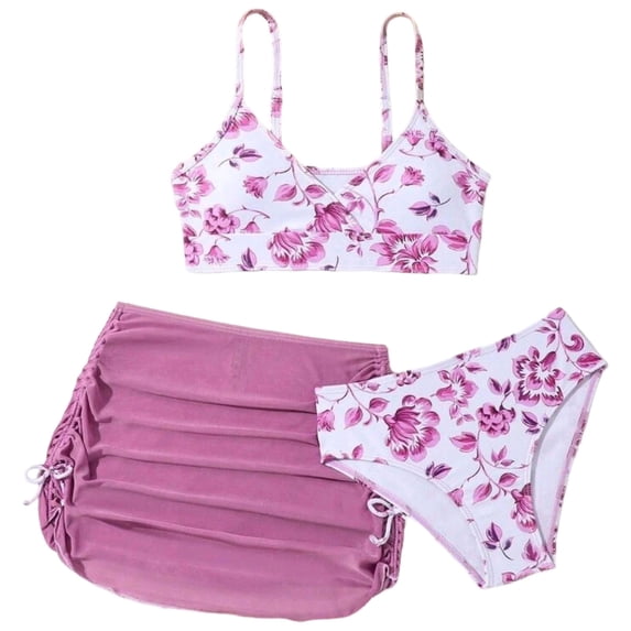 vigerkar Girls' 3 Piece Set Floral Print Bikini Swimsuit with Beach Skirt Cute Ruched Bathing Suit (Purple, 7-8 Years)