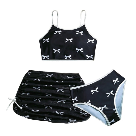 vigerkar Girls 3 Piece Swimsuits Bathing Suit Cute Ruffle Bow Print Bikini Set with Skirt Kids Swimwear Size 8-12 Years (Black, 9Y)