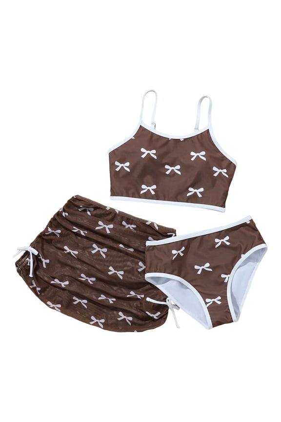 Girls 3 Piece Swimsuits Bathing Suit Cute Ruffle Bow Print Bikini Set with Skirt Kids Swimwear Size 8-12 Years (Coffee, 11Y)
