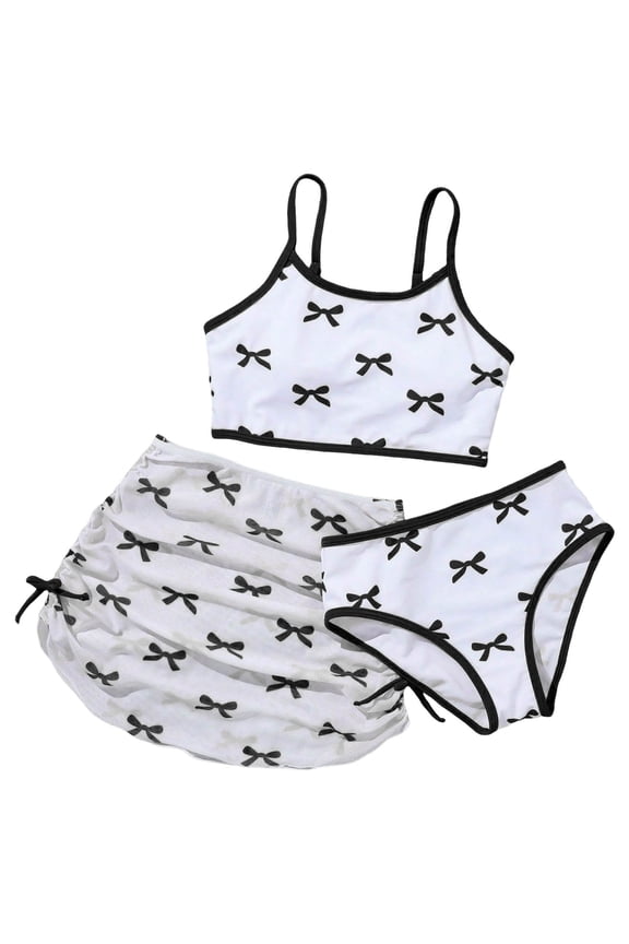 Girls 3 Piece Swimsuits Bathing Suit Cute Ruffle Bow Print Bikini Set with Skirt Kids Swimwear Size 8-12 Years (White, 11Y)
