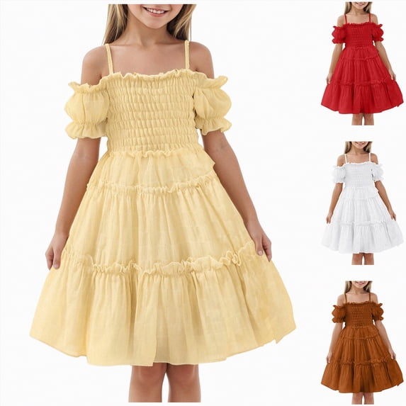 vigerkar Girls Cold Shoulder Shirred Dress - Off Shoulder Ruffle Sleeve Summer A-Line Princess Sundress (White, 12-18 Months)