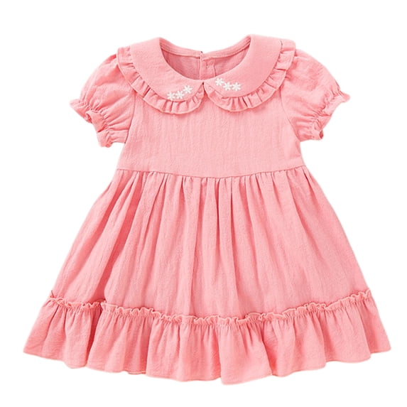 vigerkar Girls Dress Short Sleeve Round Neck Summer Dresses Kids Casual Elegant Party A-Line Solid Color Clothes (Pink, 6-9 Months)