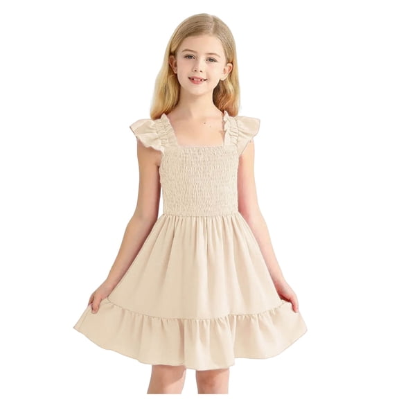 vigerkar Girls Dresses Double Pleated Sleeve Square Neck Off Shoulder with Pockets Tween Sundress (Beige, 11-12 Years)