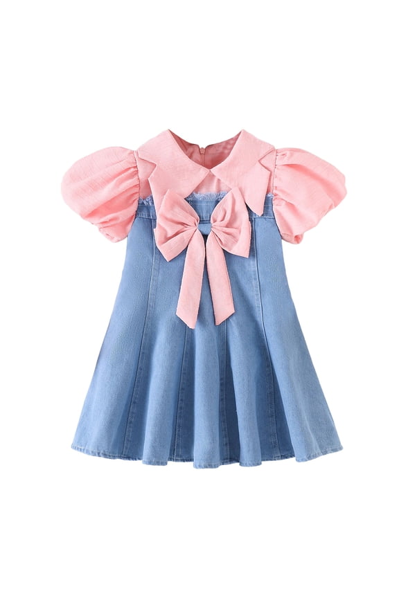 Girls Dresses, Puff Sleeve Bow Front Sun Dress, Soft A-Line Toddler Girl Dress for Park Play & Casual Outings (Pink, 6 Years)