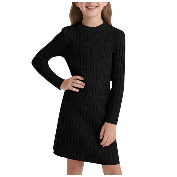 vigerkar Girls Long Sleeve Knit Ribbed Dress Kids Casual Crewneck A-Line Trendy Spring Dress Comfort Soft School Dance Dresses (Black, 10-11 Years)