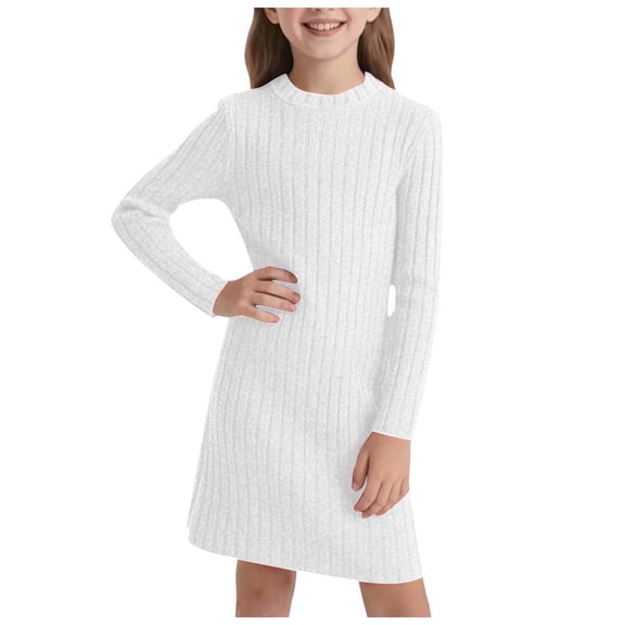 vigerkar Girls Long Sleeve Knit Ribbed Dress Kids Casual Crewneck A-Line Trendy Spring Dress Comfort Soft School Dance Dresses (White, 10-11 Years)