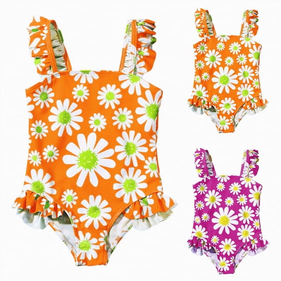vigerkar Girls One Piece Ruffle Swimsuits Kids Floral Print High Waisted Bathing Suits Cute Ruched Straps Sport Bikini Swimwear (Hot Pink, 3-4 Years)