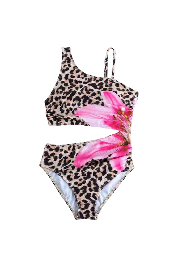 Girls' One Piece Swimsuits Tummy Control Swimwear Quick Dry Leopard Pattern Bathing Suits (Brown, 7-8 Years)