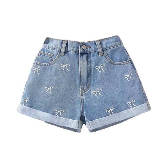 vigerkar Girls' Ripped Jean Shorts Summer Elastic Waisted Straight Leg Denim Shorts (Light Blue, 7-8 Years)