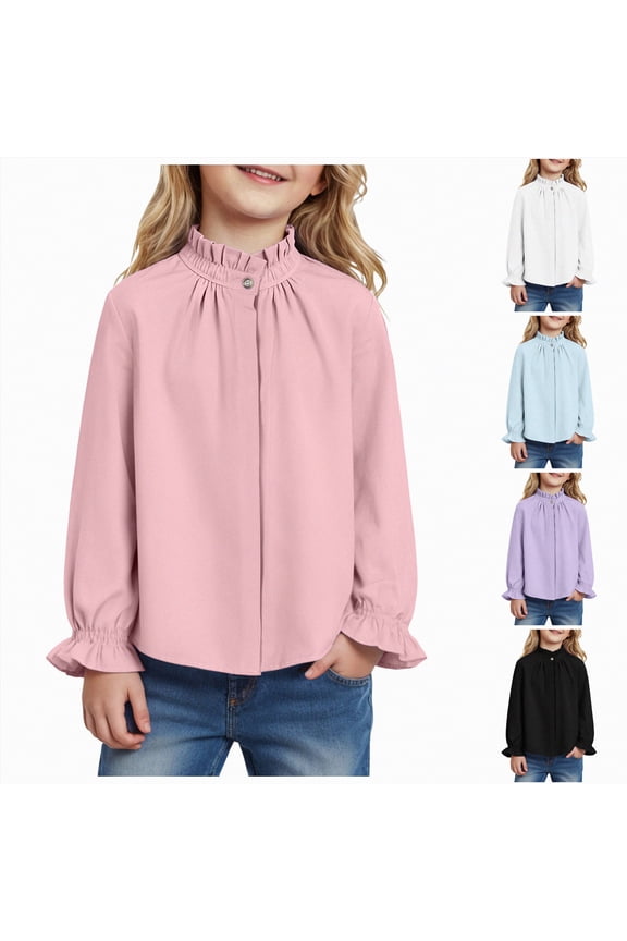 Girls Ruffle Long Sleeve Blouse Kids Button Down Dress Shirts 5-14 Years (White, 7-8 Years)