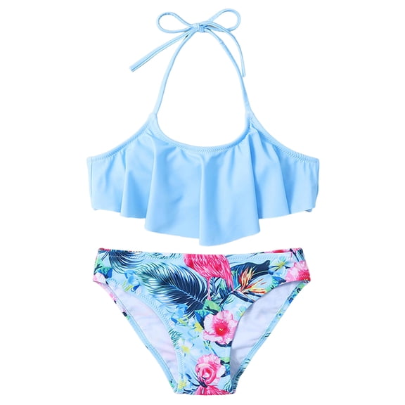 vigerkar Girls Ruffle Swimsuit Two Piece Swimwear Print Tankini Bikini Set Beach Sport Bathing Suit for Girls (Blue, 13-14 Years)