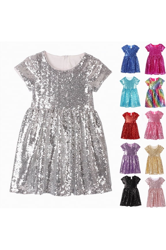 Girls Sequin Dress Party Solid Toddler Baby Princess Dresses Little Girls Short Sleeve Wedding Gown (Gold, 7-8 Years)