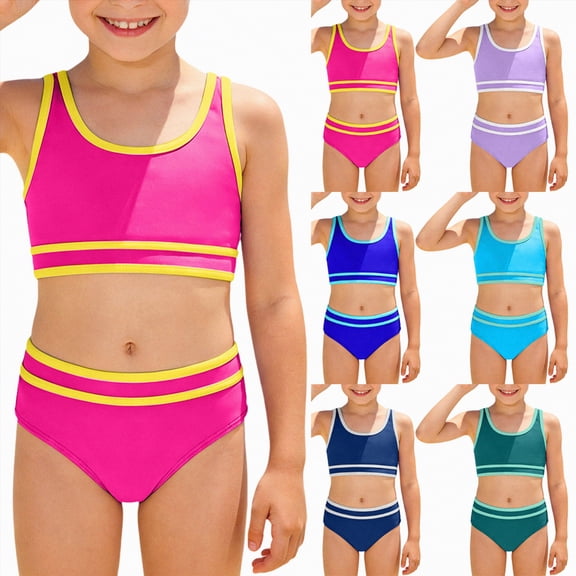 vigerkar Girls Swimsuit 2 Piece Bikini Set Adjustable Double Strap High Waist Sporty Swimsuits Teens Swimwear for 8-16 Y (Hot Pink, 11-12 Years)