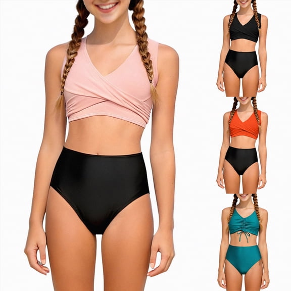 vigerkar Girls Swimsuit Bikini Set with Ruffle Hem Two Piece Criss Cross Bathing Suits for Girls 3-14 Years (Blue, 5-6 Years)