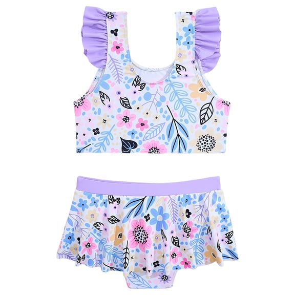 vigerkar Girls Swimsuit Outfit Ruffle Floral Sleeveless Bikini Two Piece Bathing Suit for Baby Girl (Purple, 5-6 Years)