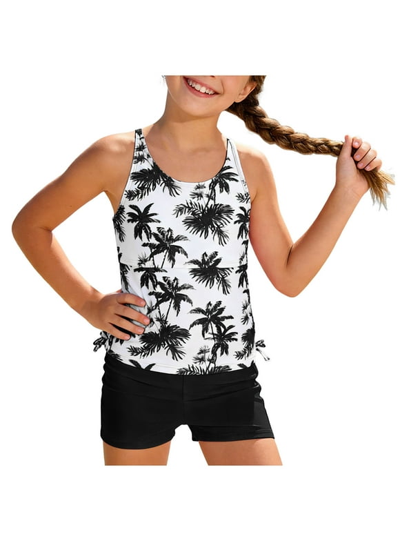 Girls Swimsuit Two Piece Girls Tropical Printed Tankini Swimsuit with Shorts Adjustable Bathing Suit Swimwear 7-13T (Black, 11-12 Years)