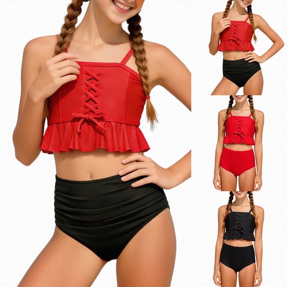 vigerkar Girls Swimsuits Two Piece Bathing Suit Adjustable Straps Teen Bikini Sets with Chest Pad 3-14Y (Watermelon Red, 11-12 Years)